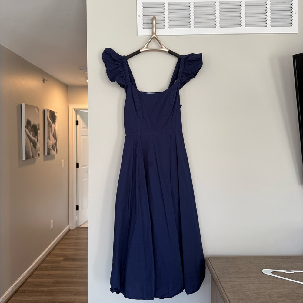 Hill House Blue Square Neck Puff Sleeve Midi Dress